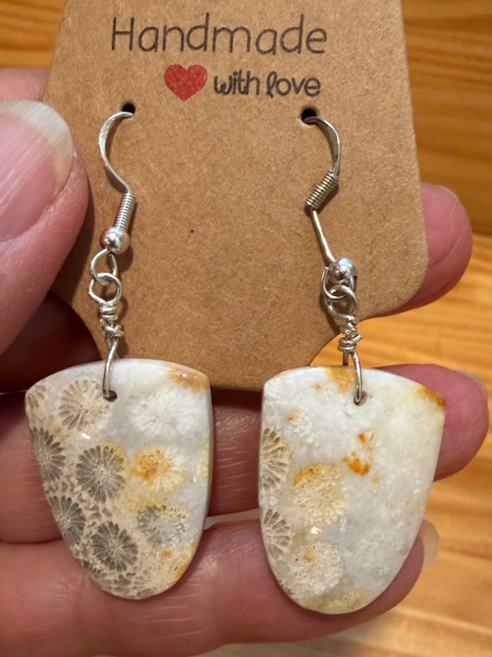 Indonesian Fossil Coral Drop Earrings in White and Cream